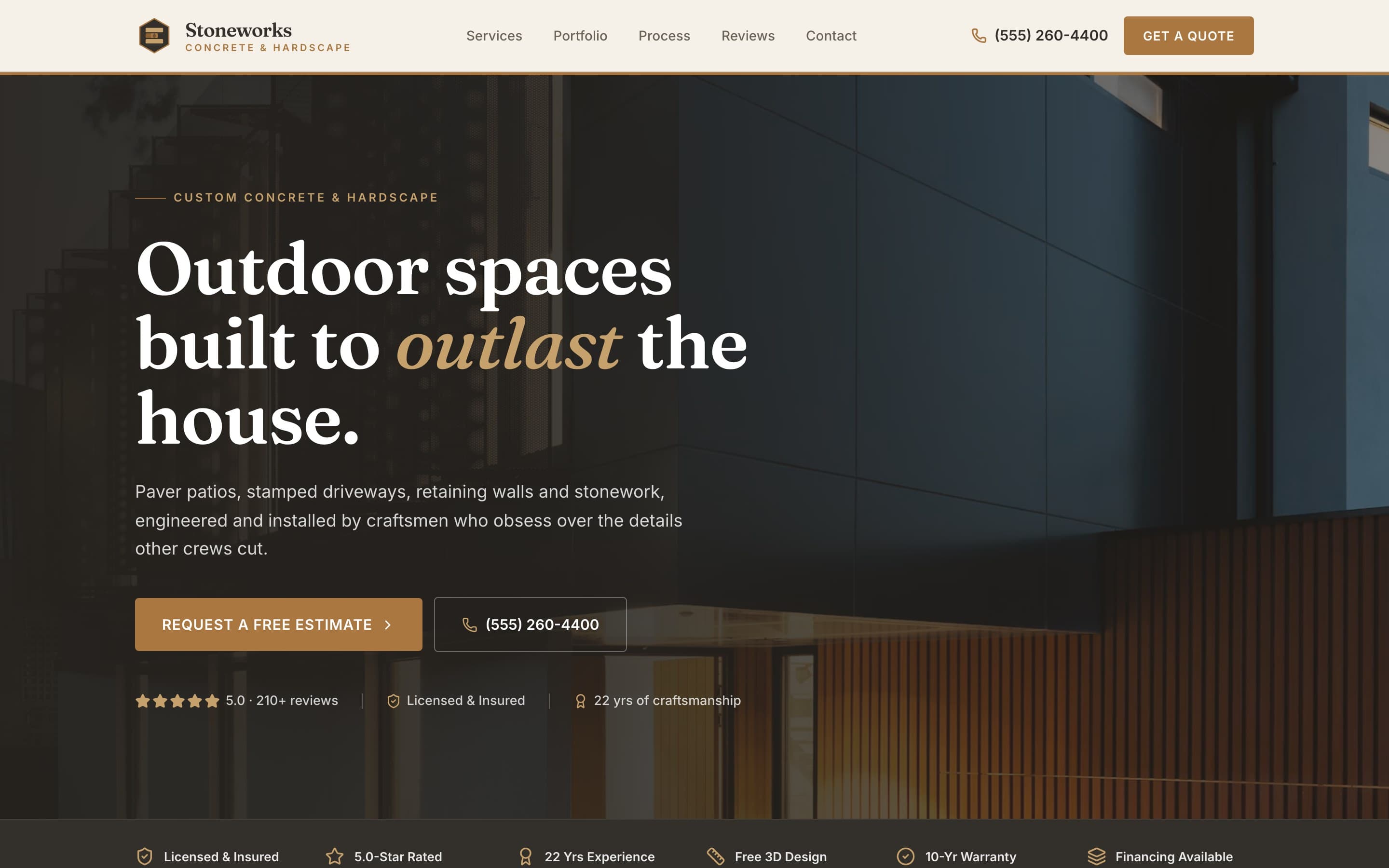 Stoneworks Concrete & Hardscape website homepage, desktop view, built by BuiltSystems