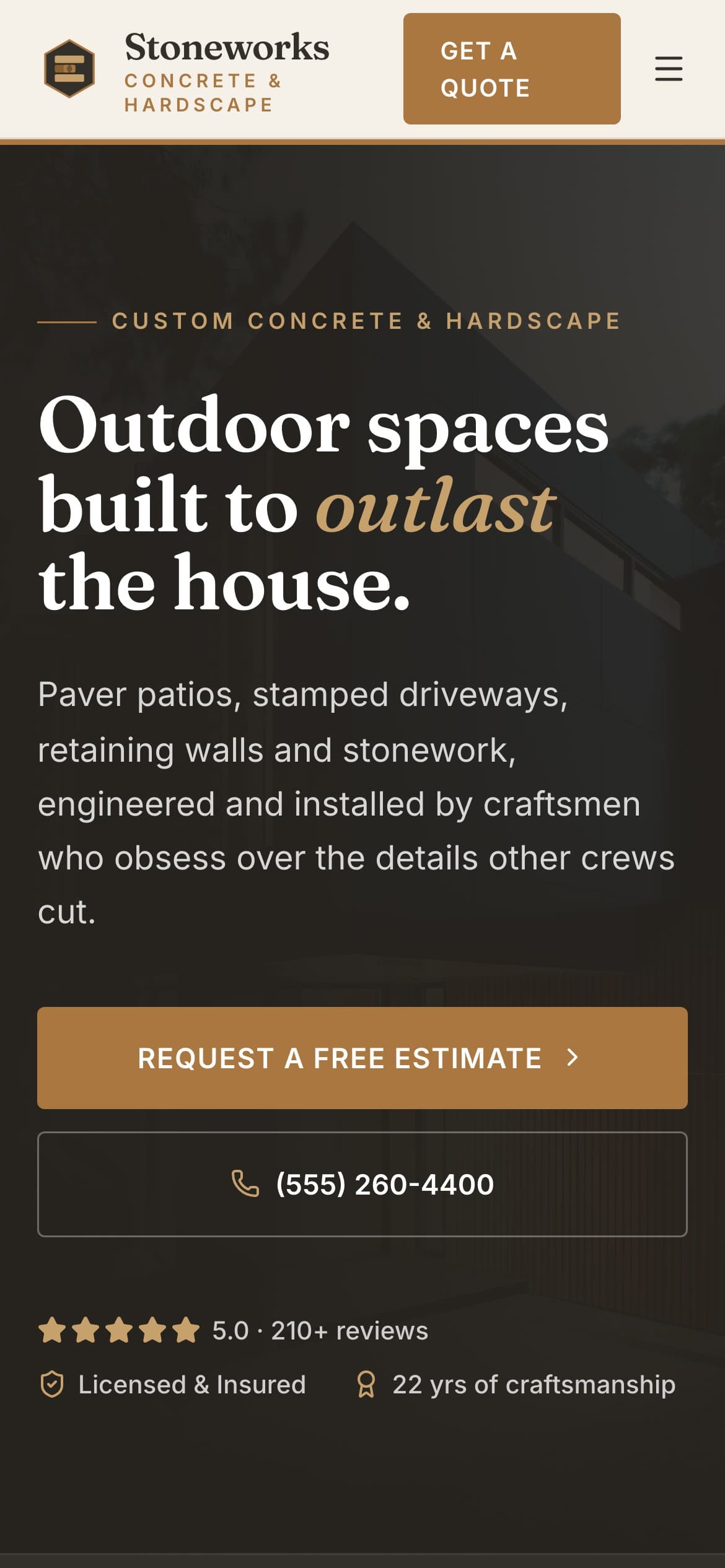 Stoneworks Concrete & Hardscape website, mobile view