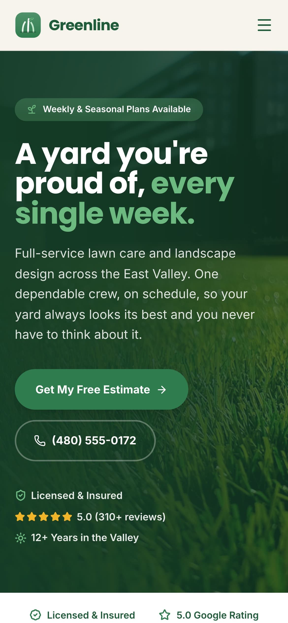 Greenline Landscaping website, mobile view