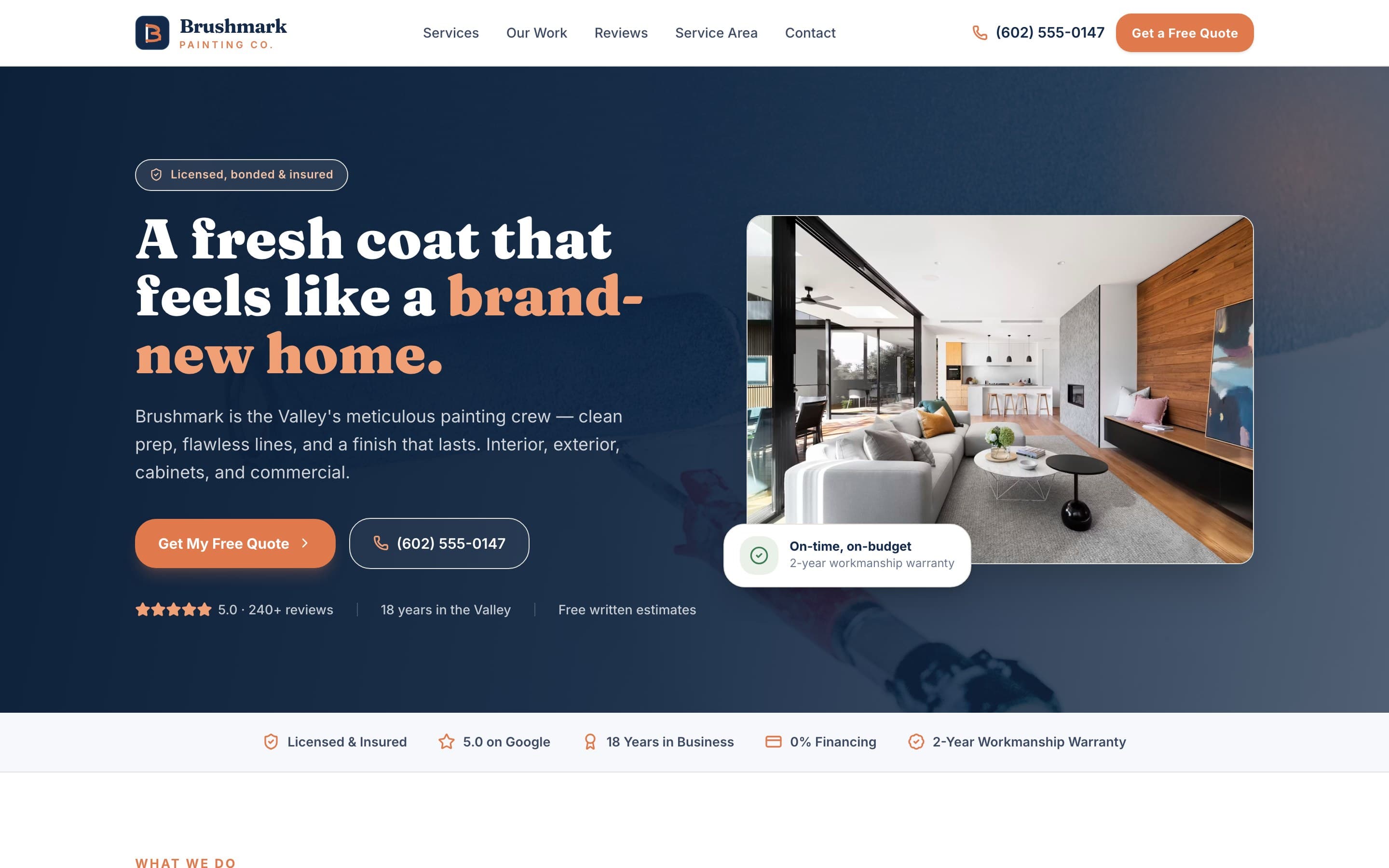 Brushmark Painting Co. website homepage, desktop view, built by BuiltSystems