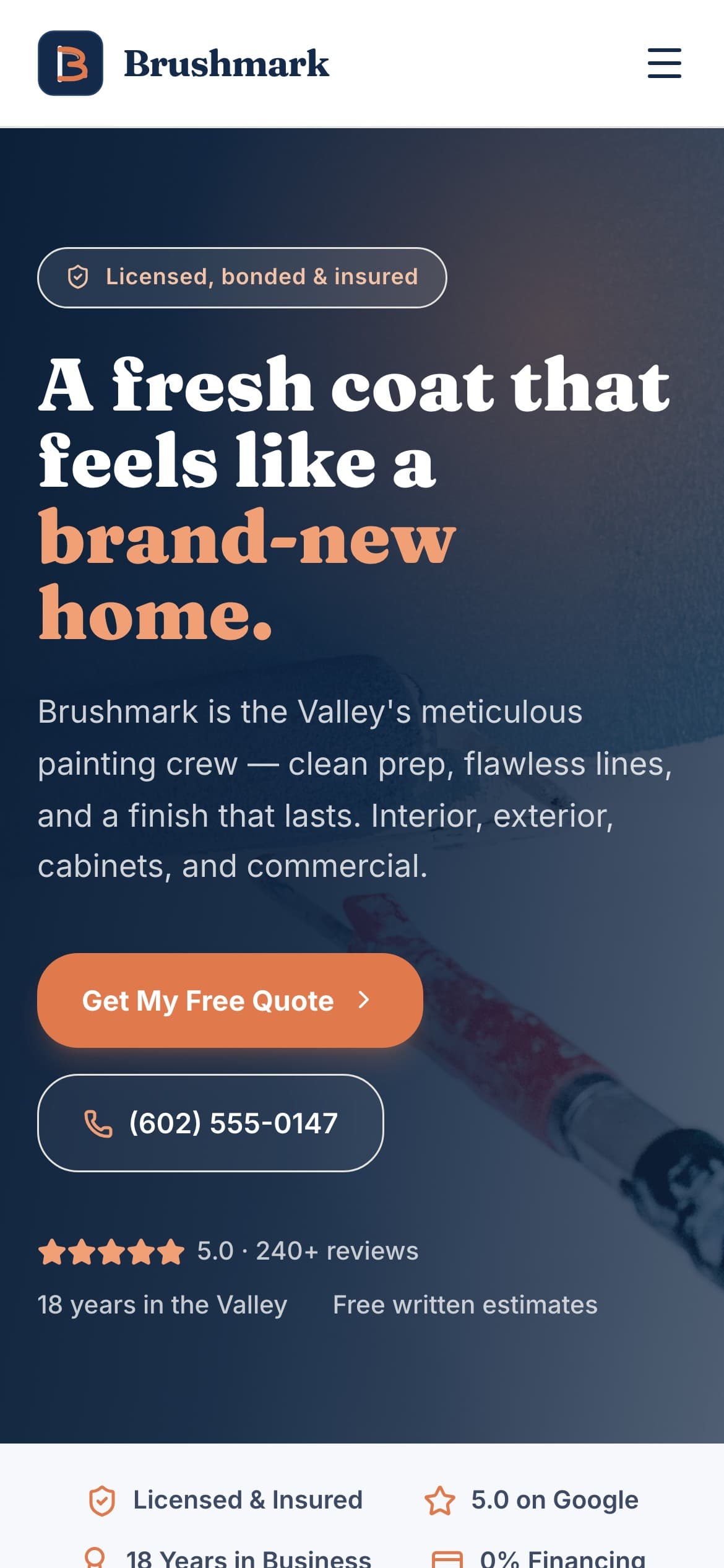 Brushmark Painting Co. website, mobile view
