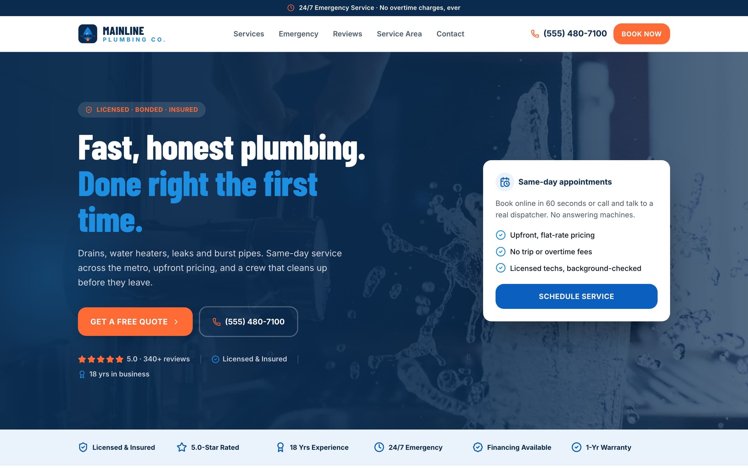 Mainline Plumbing Co. website homepage, desktop view, built by BuiltSystems