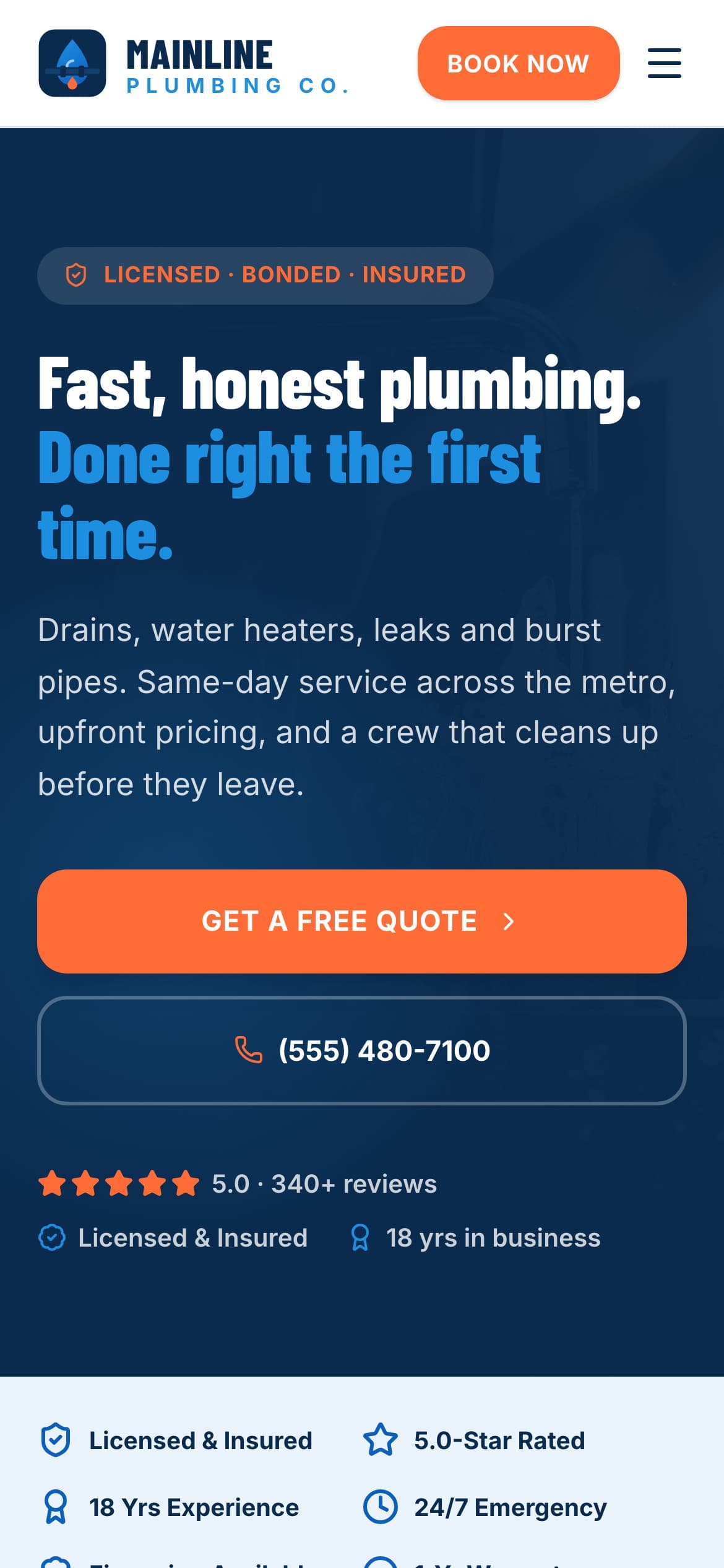 Mainline Plumbing Co. website, mobile view