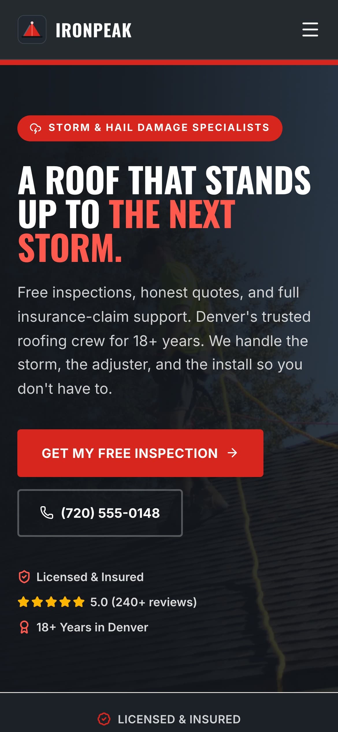 Ironpeak Roofing website, mobile view
